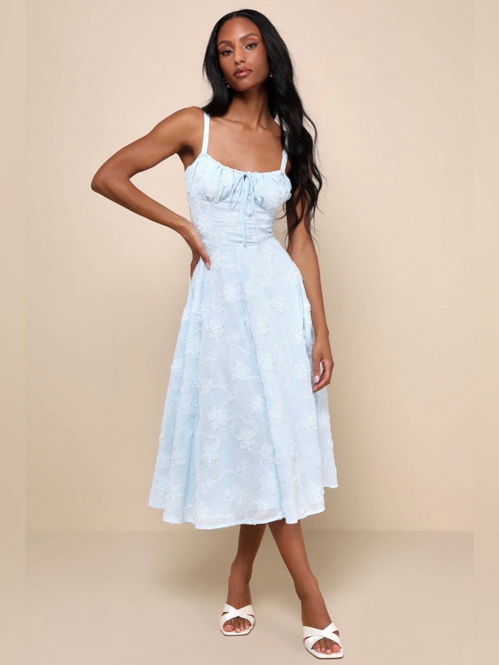 Lulus Darling Confidence Light Blue Rosette Bustier Lace-Up Midi Dress Small NWT